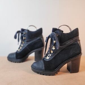 Guess Black Suede VTG 90s Leather Boots sz 9 combat heels Lug Lace up gold biker